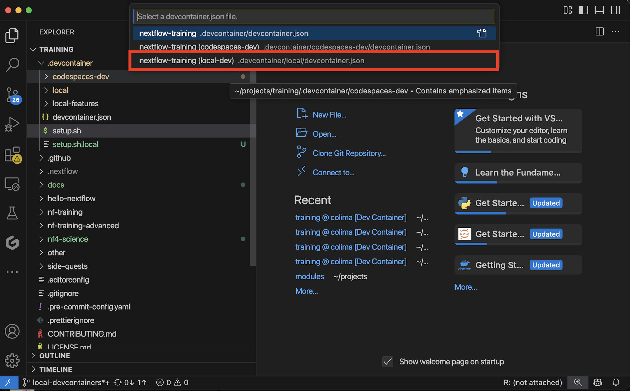 Selecionando configuração local